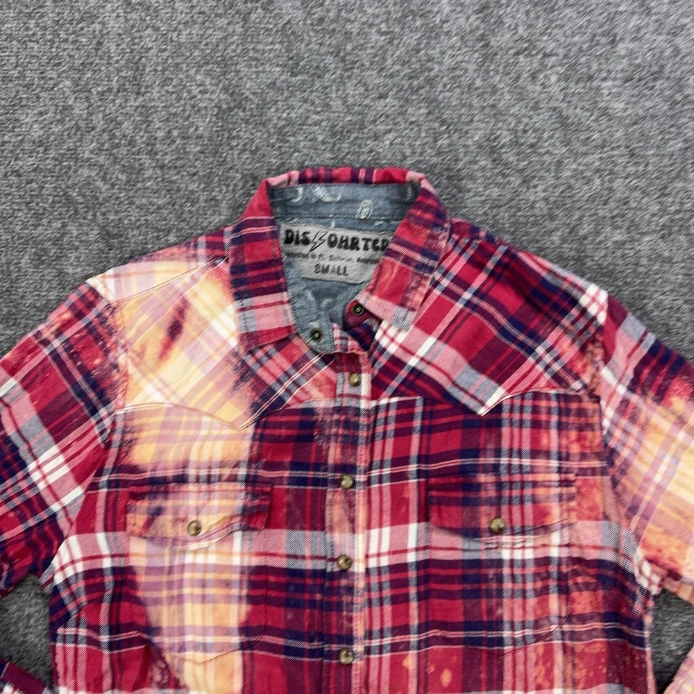 DISOHRTED Shirt Womens S Red Plaid Cotton Flannel Long Sleeve Upcycled Grunge - Picture 2 of 6